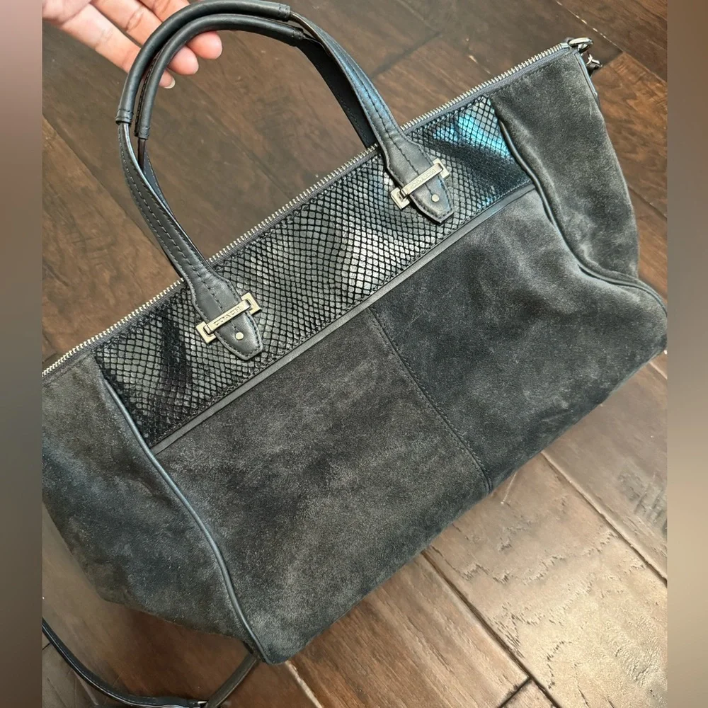 Coach Mixed‑Material Tote — Suede & Embossed Leather — Black/Grey